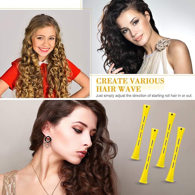 WILLBOND 96 Pcs Hair Perm Rods Plastic Cold Wave Perming Rod for Short Long Hair Curlers Heatless Roller with 2 Steel Pintail Rat Tail Comb for Hairdressing Styling Tool(0.28 Inch/ 0.7 cm,Yellow)