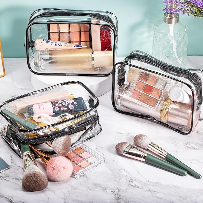16 PCS Clear Makeup Bags,Clear Toiletry Bags TSA Approved,Waterproof Clear Cosmetic Bags,PVC Travel Bag with Zipper,Portable Transparent Cosmetic Pouches for Women Men Vacation(Black,Medium)