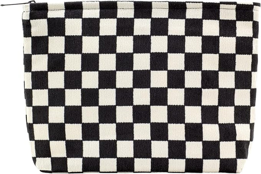 PAZIMIIK Makeup Bag Large Zipper Corduroy Make Up Pouch for Purse Travel Canvas Cosmetic Organizer for Women Brush Storage,Checkered Black