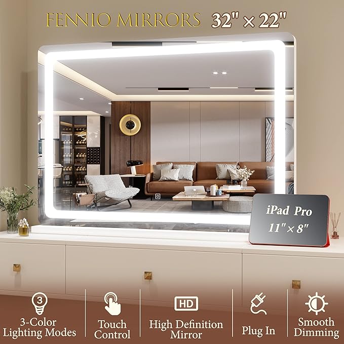 FENNIO Vanity Mirror with Lights 32"x22", Lighted Makeup Mirror, Large Vanity Mirror with Lights, Touch Sensor with 3-Color Lighting, USB Charging Port for Vanity Desk Tabletop