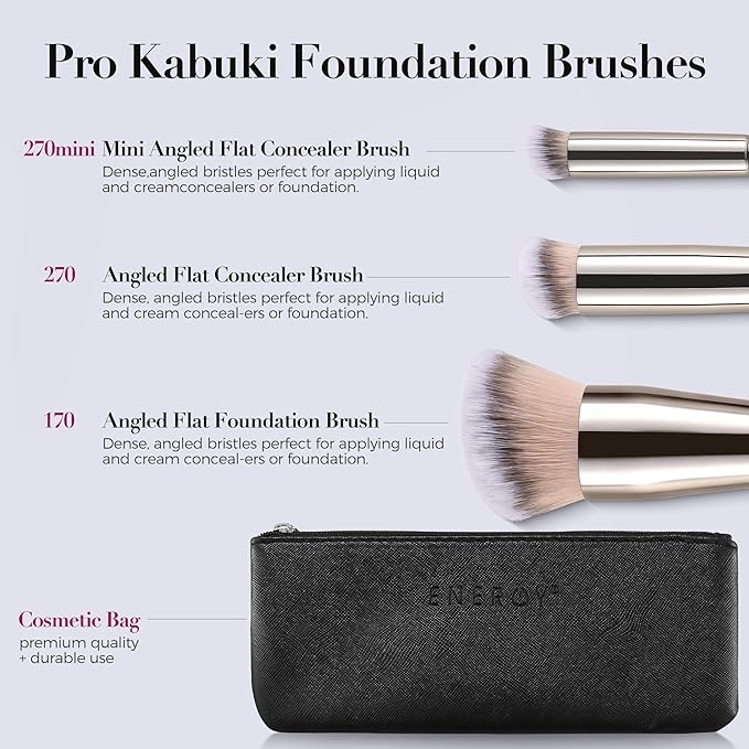 ENERGY Makeup Brush Set Professional 3pcs Foundation Concealer Detail Brushes Soft Synthetic Bristles Vegan Face Makeup Brushes for Liquid Cream Powder Flawless Blending Buffing with Travel Case
