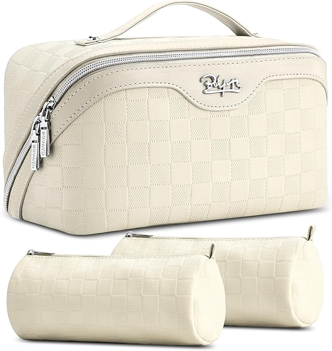BOYATU Travel Makeup Bag Organizer Cosmetic Bag: 3 Pcs Set Make up Bags for Women with Handle - Waterproof Vegan Leather Toiletry Bags Travel Essentials Pouch with Compartments (01-D-Beige)