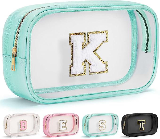YOOLIFE Initial Clear Makeup Bag | Travel Clear Makeup Bag | Travel Beach Toiletry Bag | Car Organizer Essentials for Women | Teacher Birthday Gifts Valentines Gift Blue K