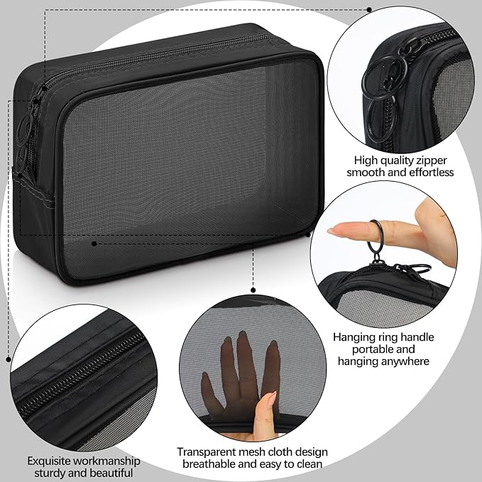 Weewooday 4 Pcs Mesh Makeup Bag Mesh Cosmetic Bag Toiletry Pouch with Zipper Mini Makeup Cosmetic Purse for Daily Accessory(Large,Black)