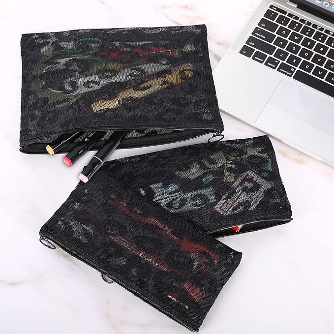 12 Pieces Zipper Nylon Mesh Pouch, Mesh Cosmetic Bags Makeup Bags Pencil Case, Multipurpose Travel Bags for Cosmetic School Office Supplies and Travel Accessories (Black Lace, Assorted Sizes)