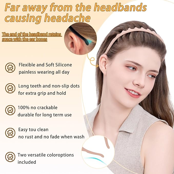 Silicone Headbands for Women Non Slip Comb Headband with Teeth Non-Crackable Hair bands for Women's Hair Fashion Accessories (Neutral 2PC, 1 Count (Pack of 2))