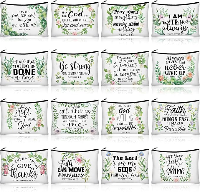 Pinkunn 16 Pcs Valentines Canvas Makeup Bags Bulk Inspirational Christian Women Religious Galentine Gifts Inspirational Bible Verse Pencil Pouch Makeup Bags with Zipper for Travel(Bible Leaves)