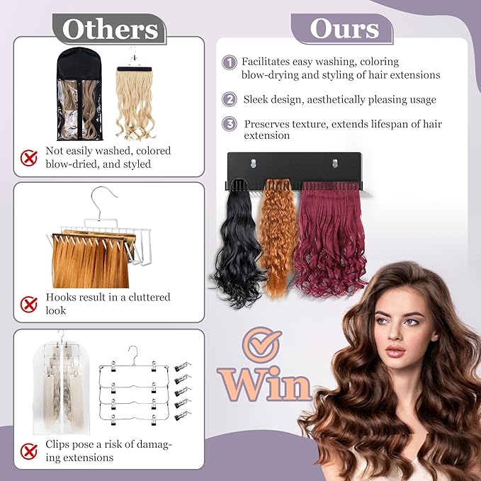 Hair Extension Hanger - Black Holder for Styling, Washing, Drying, Braiding, Display Rack for Clip-in, Wefts, Tape, Bundles, Hair Topper, Organizer/Storage