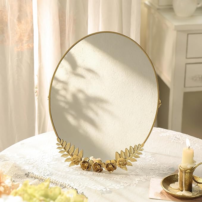 Golden Desk Oval Makeup Mirror with Blossoming Floral Accents – Lightweight Decorative Tabletop Vanity Mirror for Living Room, Bedroom, 10.04 x 11.81 Inches