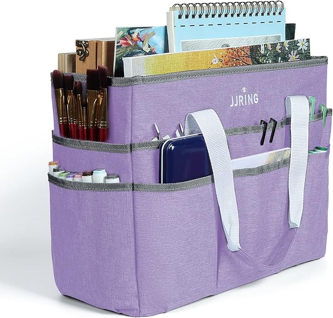 JJRING Craft Organizer Tote Bag, Large Art Storage Caddy with Multiple Pockets, Lilac Sewing Bag for Art, Craft, Scrapbooking, Medical, and Office Supplies Storage