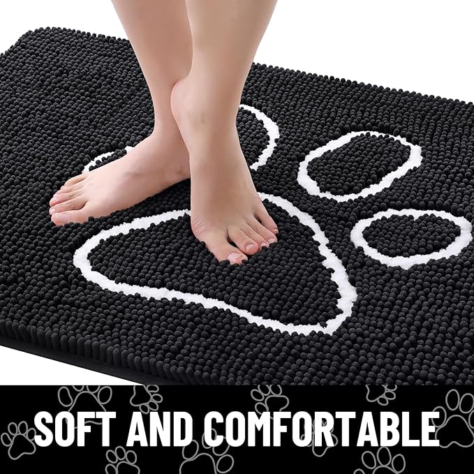 Smiry Dog Door Mat for Muddy Paws, Absorbent Dirt Trapper Non Slip Quick Dry Washable Chenille Mat for Mud Dogs, Entry Rug for Indoor and Outdoor (40x24 Inches, Black and White)