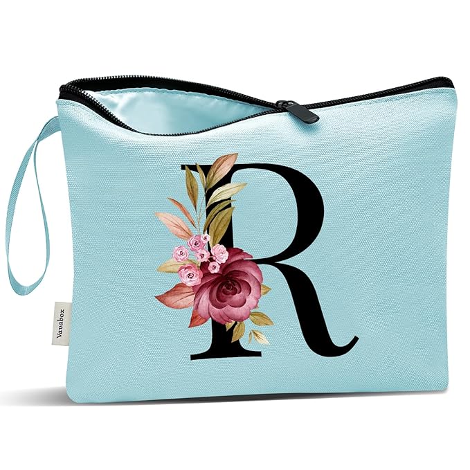 Vavabox A-Z Personalized Makeup Bag, Birthday Gifts for Women Mom, Gifts for Best Friend, Bride Bridesmaid Cosmetic bag (R, Green)