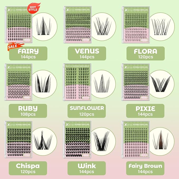 KEYYOU Fairy Chispa Lash Clusters Kit Lash Extension Kit D Curl 120Pcs Eyelash Extension Kit Wispy Natural Invisible Band Lash Kit with Waterproof DIY Lash Kit at Home(Fairy Chispa-D-8-18MIX)