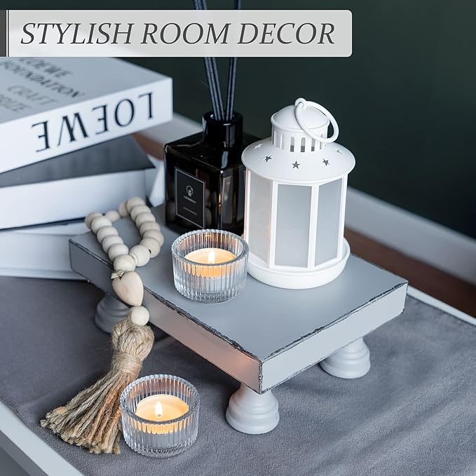 EOSAHR Decorative Wood Riser for Display : Modern Farmhouse Pedestal Stand for Home & Kitchen Decor and Stylish Soap Stand for Sink - Rustic Bathroom Counter Tray and Countertop Organizer (Light Gray)