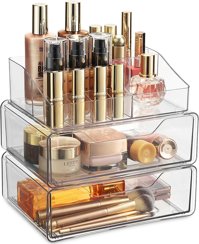 Masirs Clear Makeup Organizer - Acrylic Cosmetic Vanity Storage Organizers for Girls Dresser, Bathroom, Desk Counter - Plastic Make Up Holder, Jewelry Box (2-Drawer | Multi Compartments)