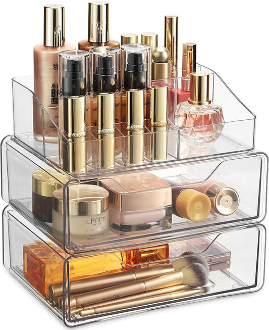 Masirs Clear Makeup Organizer - Acrylic Cosmetic Vanity Storage Organizers for Girls Dresser, Bathroom, Desk Counter - Plastic Make Up Holder, Jewelry Box (2-Drawer | Multi Compartments)
