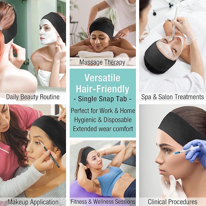APPEARUS Disposable Spa Facial Headbands (100 Pack) – Individually Wrapped, Stretchable Non-Woven Hair Wraps with Single Snap Tab for Estheticians, Makeup, and Skincare