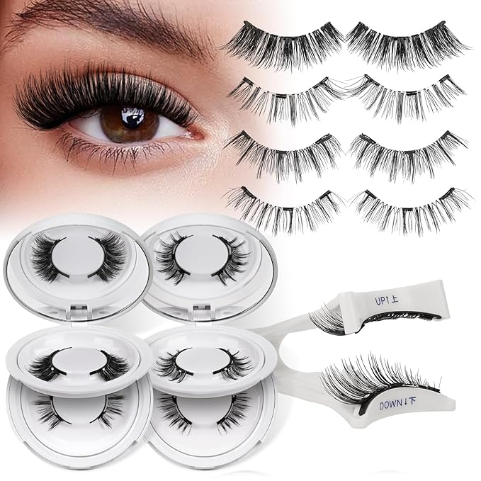 QUEWEL Magnetic Eyelashes 4 Pair Reusable Magnetic Eyelashes with Applicator No Glue Needed Eyelashes Natural Look Lash Clusters Kit Easy to Wear and Remove(4 Pairs-B14)