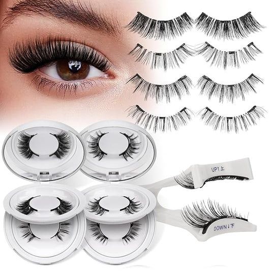 QUEWEL Magnetic Eyelashes 4 Pair Reusable Magnetic Eyelashes with Applicator No Glue Needed Eyelashes Natural Look Lash Clusters Kit Easy to Wear and Remove(4 Pairs-B14)