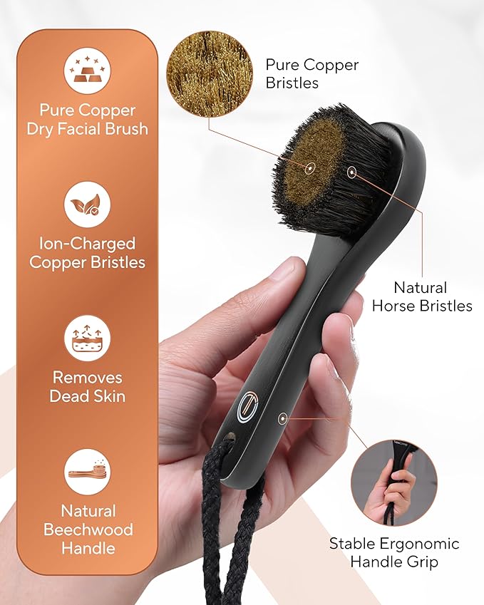 TheraCopper Copper Dry Facial Brush – Lymphatic Drainage Facial Dry Brush for Face with Natural Copper Bristles for Improved Circulation & Exfoliation – Daily Face Care for Refreshed & Glowing Skin