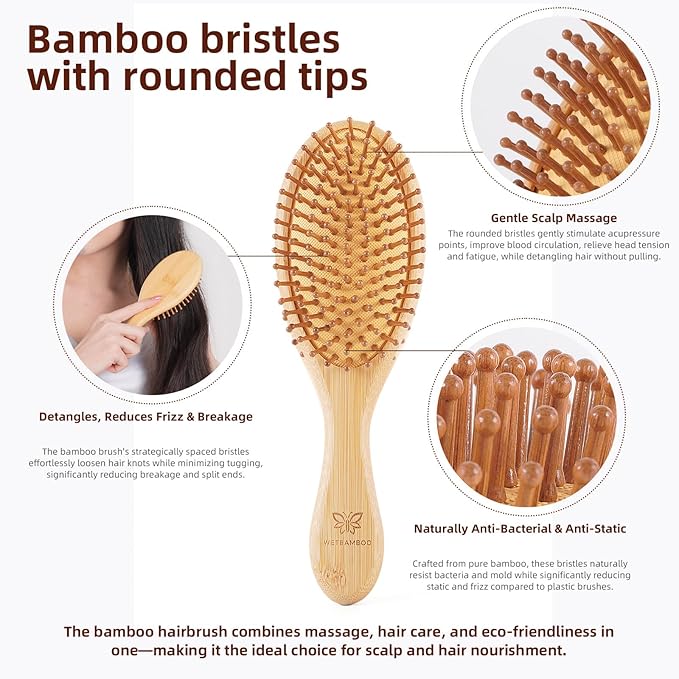 Bamboo Hair Brush-Detangling, Scalp Massage for Hair Growth, Wet/Dry Brush for Men, Women, Kids & Pets - for All Hair Types, Paddle Wooden Hairbrush Perfect for Home, Travel & Salon Use