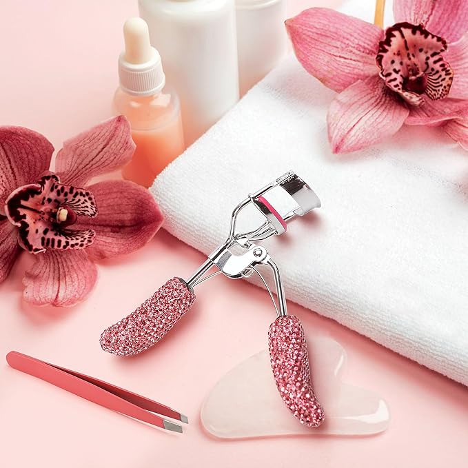 Pink Eyelash Curlers with Slant Tip Tweezer Pink Bling Crystal Rhinestone Eyelashes Curls for Dramatic Long Lasting Seamless Brilliant Eyes, Best Bedazzled Makeup Stuff Things For Mascara Asian Beauty
