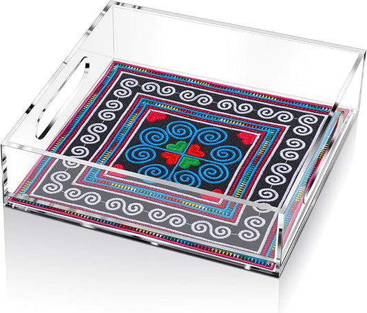 Acrylic Serving Tray with Handle Needlepoint Clear Decorative Tray Countertop Organizer for Home Bathroom Office(8" X 8")