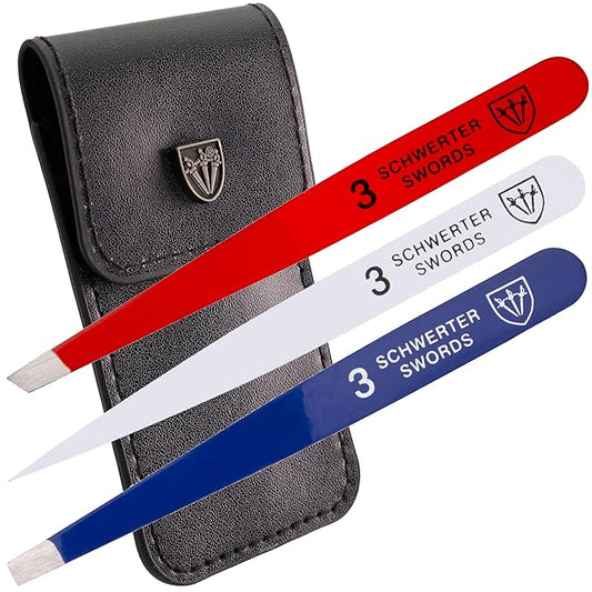 3 Swords Germany – brand quality professional stainless steel precision tweezer set “USA”, slanted, straight, pointed eyebrows hair, synthetic leather case, manicure pedicure by 3 Swords