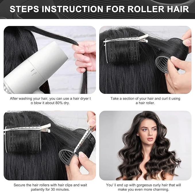 4 Sizes Hair Rollers for Women Set - 50 Pcs Hair Curler Rollers with Clips, Self Grip Hair Rollers for Long, Short Hair and Bangs, 25mm, 36mm, 48mm, 60mm, Black