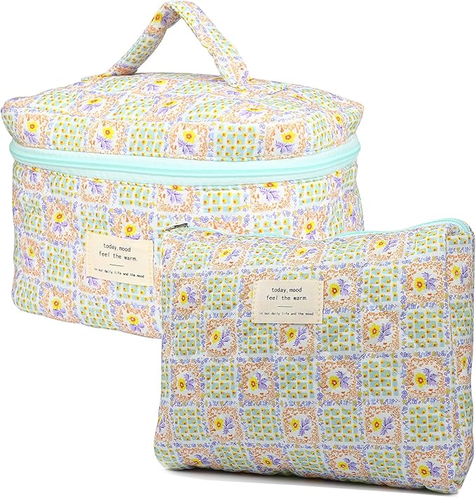 VIWIME Makeup Cosmetic Bag, Large Cotton Quilted Travel Coquette Aesthetic Cute Floral Make up Bag for Women Toiletry Bag Organizer (107- Grid / 2Pcs)