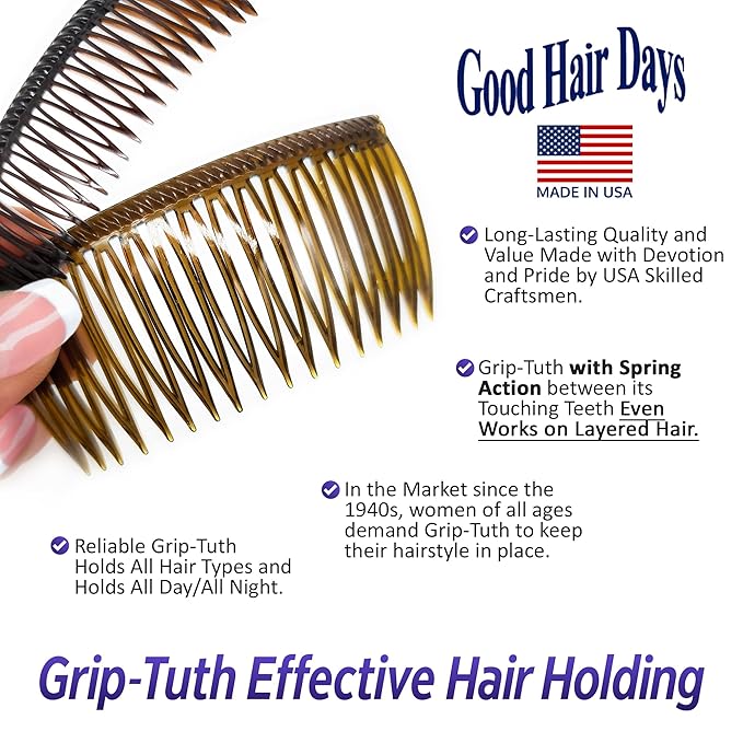 Good Hair Days Grip-Tuth Combs - 2 3/4" Side Combs, For All Types Of Hair, Decorative & Styling Women Accessories - Tortoise Shell, Set Of 2