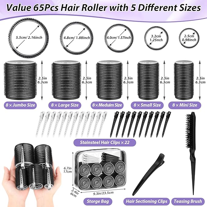 65 PCS Hair Curler Rollers with 5 Sizes Self Grip Hair Rollers for Long Medium Short Thick Fine Thin Hair Bangs Volume, Jumbo Curlers Rollers with Storage Bag Teasing Brush