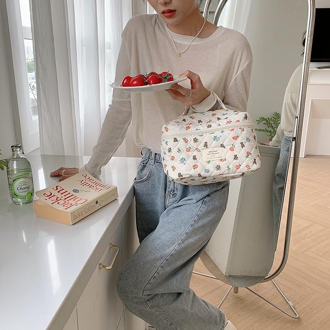 VIWIME Makeup Cosmetic Bag, Large Cotton Quilted Travel Coquette Aesthetic Cute Floral Make up Bag for Women Toiletry Bag Organizer (103- Bear/2Pcs)