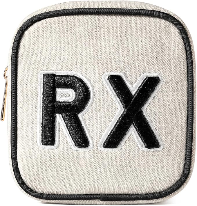 uekeboag Personalized Small Canvas Medicine Cosmetic Bag, Cute Plaid Pattern Chenille Letter Patch RX Drug Pouch with Zipper, Makeup Travel Gift Bag for Women and Girls (11Beige Canvas)