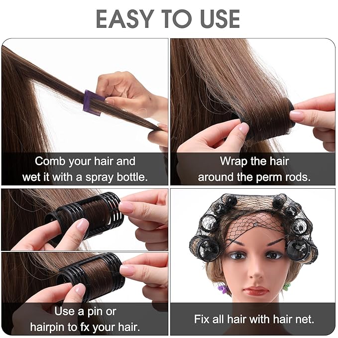 WILLBOND 65 Pieces Magnetic Hair Rollers Set Plastic Rollers Curlers with Clips 4 Sizes for Long Medium Short Hair, Duck Clips Hairnet Hairdressing Styling Tool(Black)