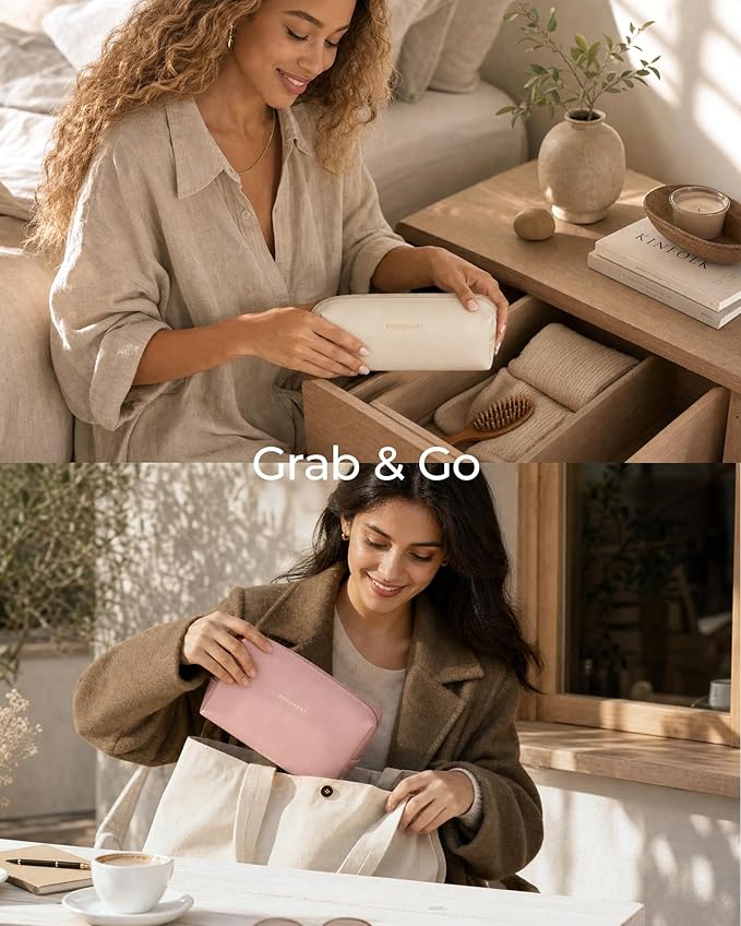 BAGSMART Makeup Bag Travel 3 Pcs Set Cosmetic Bag, Large Make Up Bag Flat Open Toiletry Bag for Women, PU Leather Travel Essentials Organizer Case, Wide-open Pouch for Skincare, Brushes, Cream Beige