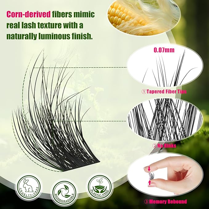 Lash Clusters - 0.05mm Wispy Natural Eyelash Clusters Fluffy Biodegradable Cruelty Free Eyelashes Lightweight Separate Left & Right Lash for Beginners DIY at Home