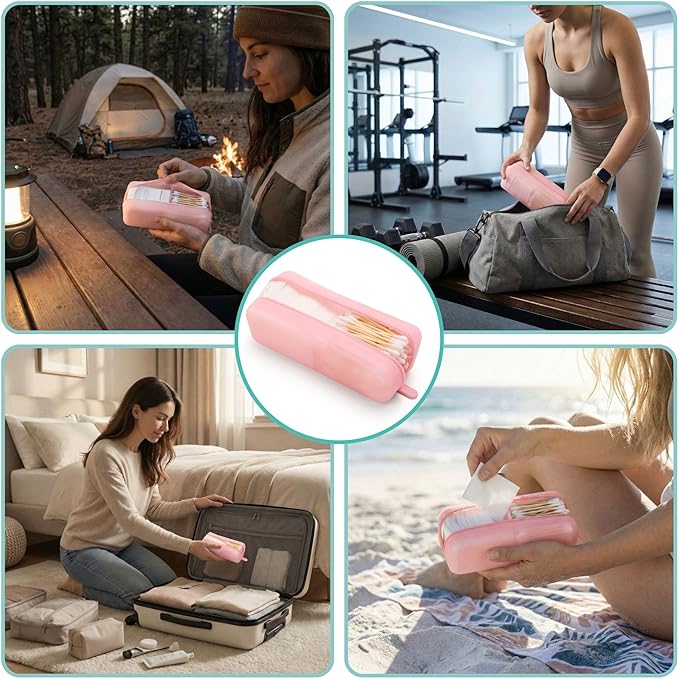 Cotton Pad Swab Travel Case – 2-in-1 Portable Waterproof Qtips Dispenser for Cotton Square Pad & Qtip, Floss, Bobbi Pin, Nail Kit, Hair Accessories Organizer TSA Compliance – VISFRESH (Pink)