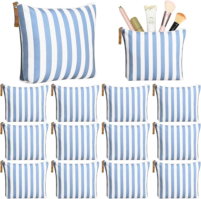 Hillban 12 Pcs Blue Striped Makeup Bags Bulk Canvas Cosmetic Bag Beach Themed Gifts Travel Toiletry Organizer Zipper Pouch Bags for Women Bridemaids Party Favors