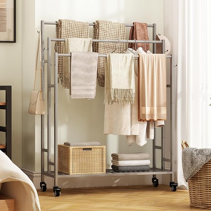 SORCEDAS Towel Rack 3 Tier Free Standing Metal Towel Stand with Storage Shelf and Wheel for Extra Large Towel Blanket Drying (Grey)
