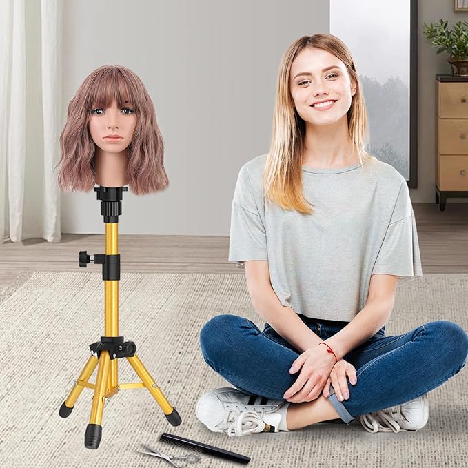 Wig Stand Tripod, 25 Inch Adjustable Mannequin Head Stand, Wig Head Stand for Training Heads And Canvas Block Head (Golden, Mannequin Head Not Included)