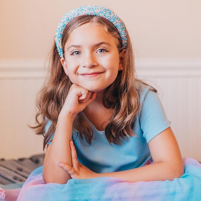FROG SAC Headband for Girls, Candy Sprinkles Padded Headbands for Kids, Wide Puffy Hair Bands for Toddlers, Little Girl Confetti Hair Accessories, Thick Colorful Aqua Blue Child Hair Band