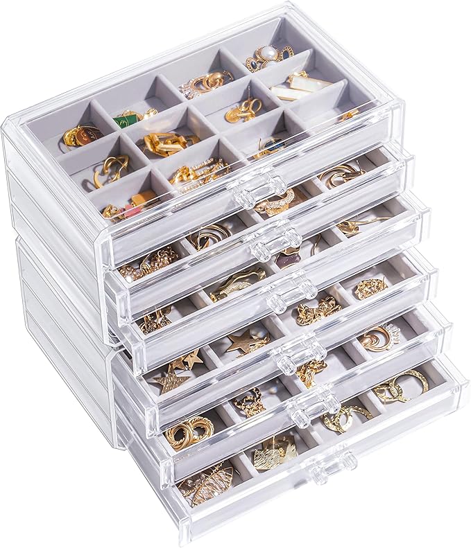 Lolalet Earring Holder Organizer Box Jewelry Storage with 6 Drawers, Clear Acrylic Stackable Earring Case with Adjustable Velvet Trays for Women on Dresser Vanity -Grey, 6 Layers