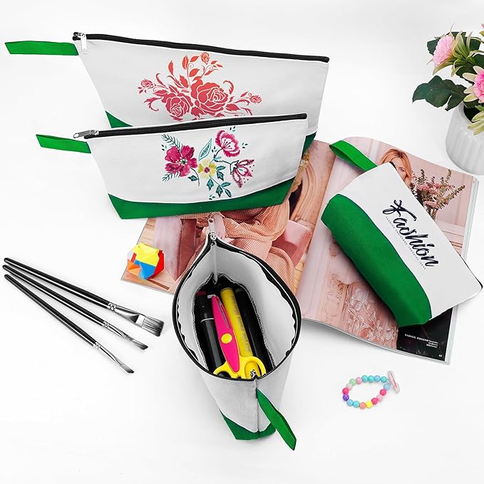 10 Pieces Cotton Canvas Makeup Bag with Bottom and Strap, Multi-Purpose Cosmetic Bag with Zipper Travel Toiletry Pouch, Blank DIY Craft Bag (White&Green, S)
