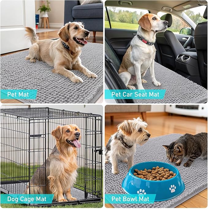 OLANLY Dog Door Mat for Muddy Paws 32x20, Absorbs Moisture and Dirt, Absorbent Non-Slip Washable Doormat, Quick Dry Chenille Mud Mat for Dogs, Entry Indoor Entryway Carpet for Inside Floor, Light Grey
