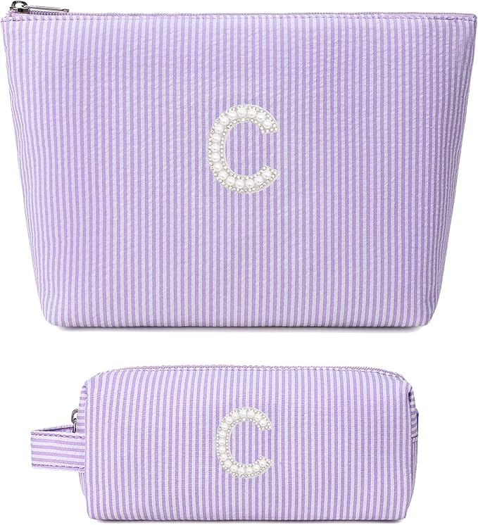 2 Pieces Cute Makeup Bag for Girls Women Stripe Makeup Purse Pouch Aesthetic Skincare Brushes Storage Organizer for Christmas (Purple C)