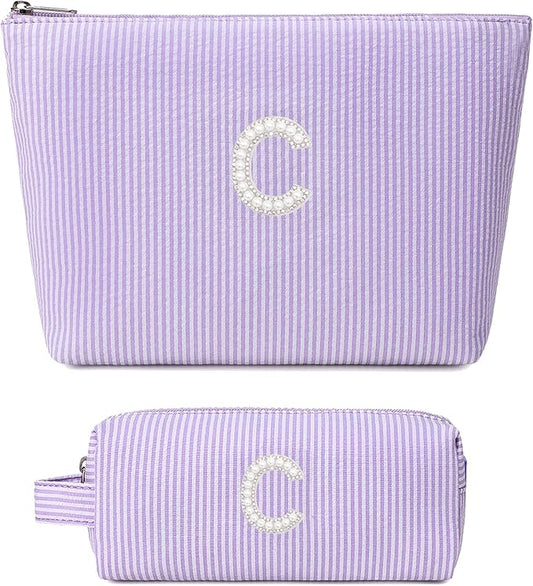 2 Pieces Cute Makeup Bag for Girls Women Stripe Makeup Purse Pouch Aesthetic Skincare Brushes Storage Organizer for Christmas (Purple C)