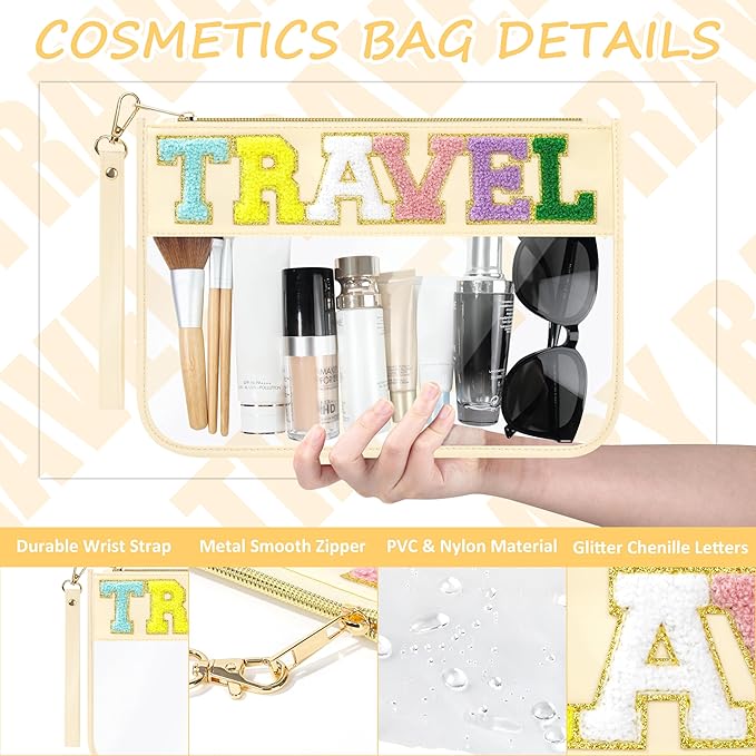 2 Pcs Chenille Letter Patch Clear Travel Bags, Preppy PVC&Nylon Makeup Bag with Zipper, Waterproof Clear Travel Toiletry Bag Storage Bag for Women Girls