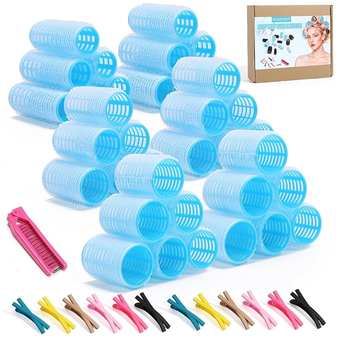 Heatless SelfGrip Hair Rollers Kit, 3 Sizes (0.79",1.18",1.57") for Short/Medium Hair | 36 Rollers +12 Clips +1 Comb | No Heat Curlers for Overnight Waves,Travel & Damage-Free Styling. (Blue, Medium)
