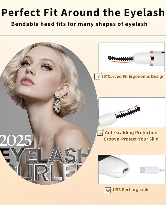 Heated Eyelash Curler - Heated Lash Curler Electric Eyelash Curler 3 Temp Settings for Makeup Tools for Achieving A Natural Curl and Long Lasting Eyelashes, Designed for Women, White